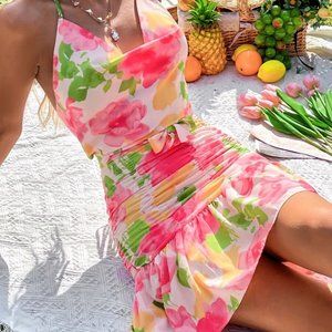 Floral Ruched Ruffle Hem Belted Halter Dress